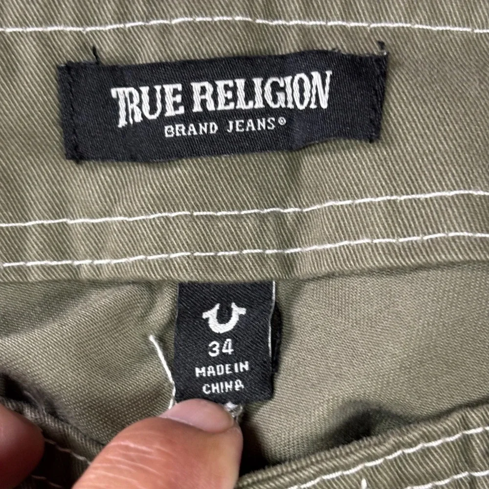 True Religion Mens Cargo Pants Olive Green White Contrast Stitch Size 34 NWT